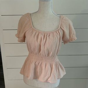 NWT Pink Rose Smocked Short Sleeve Blouse, cream pink, size medium